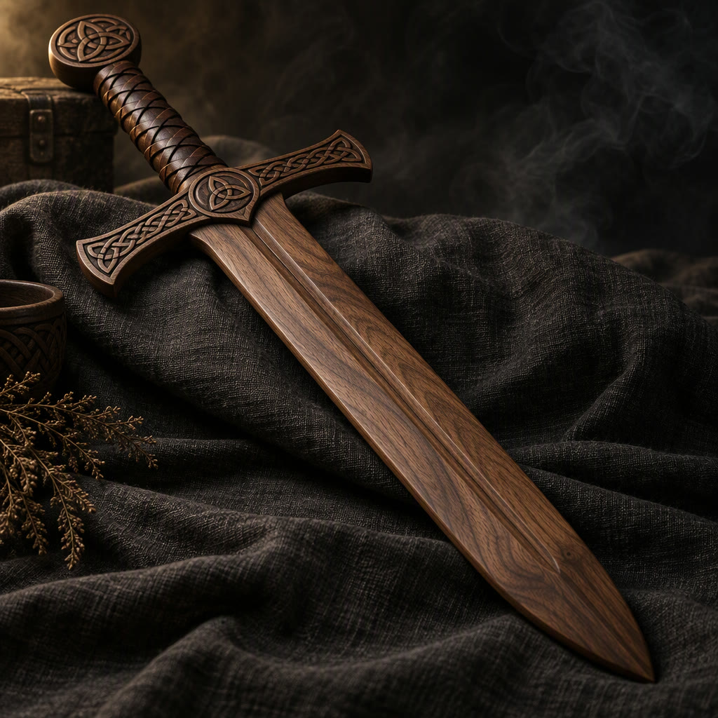 Espada de madeira A Medieval com guarda entalhada em nós celtas e punho em couro trançado