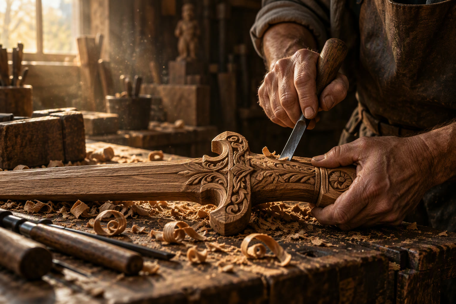 Mãos de artesão entalhando o cabo de uma espada de madeira com formão na oficina